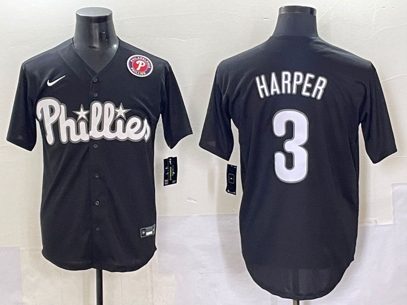 Men 2025 Philadelphia Phillies 3 Harper Black Fashion Nike MLB Jersey style 7047